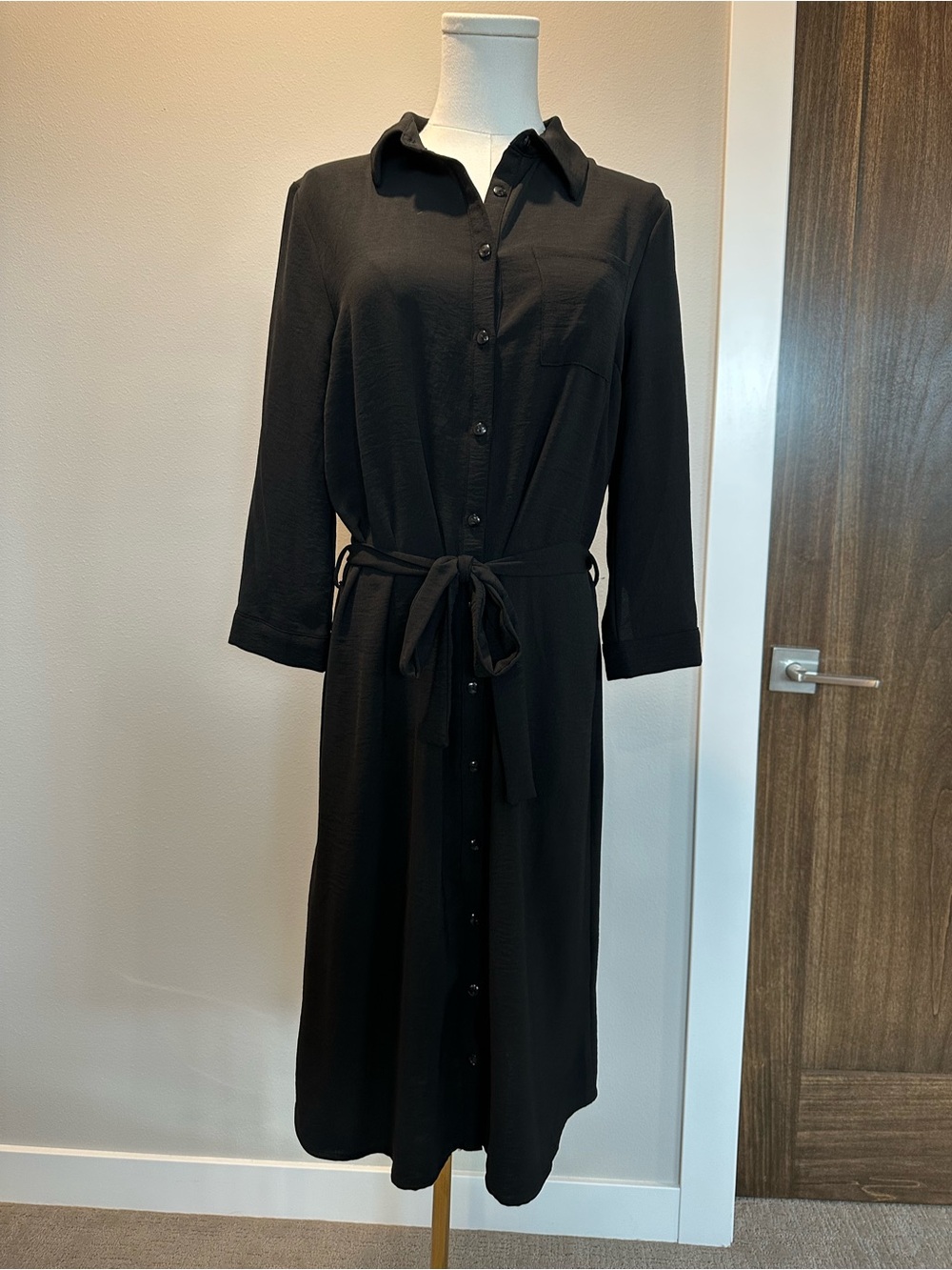 Monteau Black Button-Front Midi Shirt Dress with Tie Waist